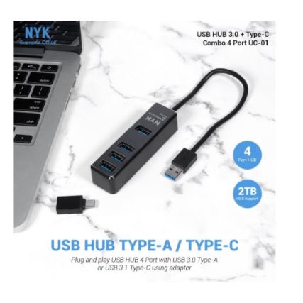 Usb 3.0 hub nyk 4 port 5Gbps 2tb with otg usb type-c connector uc01 uc-01 - Terminal usb3.0 4 slot