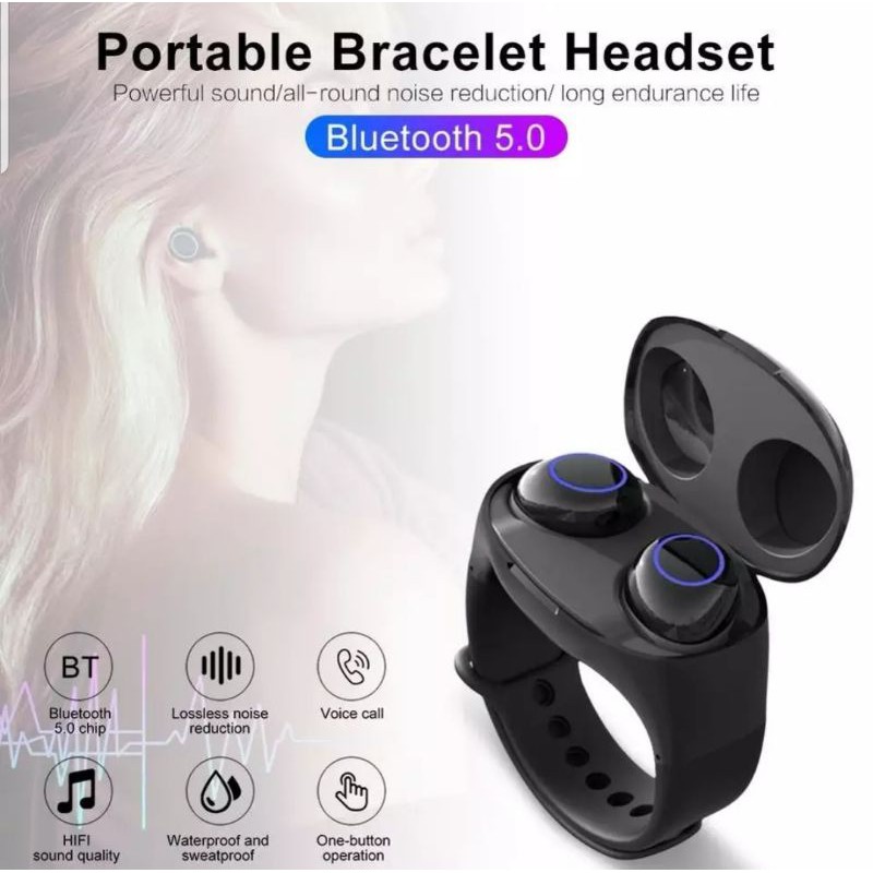 EARPHONE BLUETOOTH HM50 TWS ORI* PORTABLE BRACELET HEADSET*WATCH-TYPE STORAGE SPACE