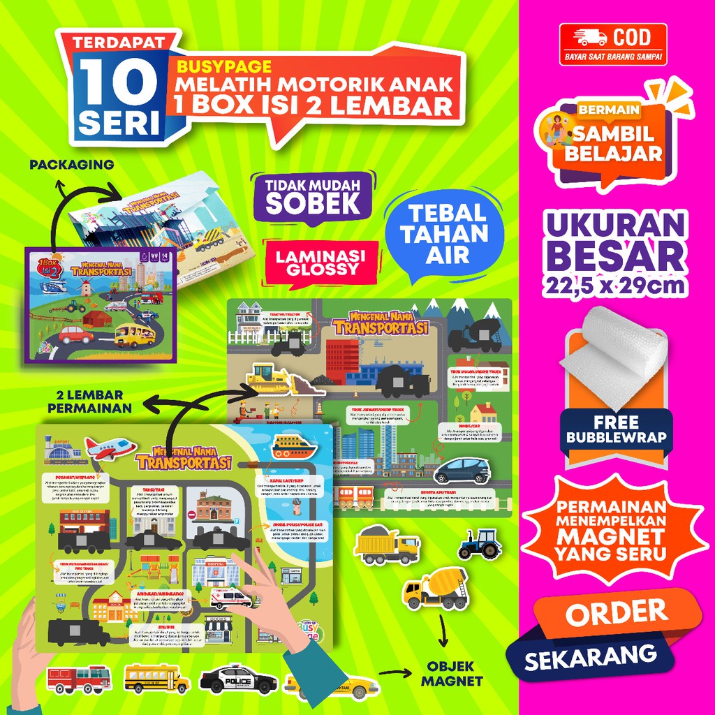 [1BOX ISI 2] KONSEP BUSY PAGE MENGENAL TRANSPORTASI / ACTIVITY SHEET / MAINAN EDUKASI ANAK