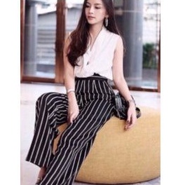 CELANA KULOT WANITA PANJANG SANTAI CELANA SALUR STRIP BAHAN HITAM PUTIH