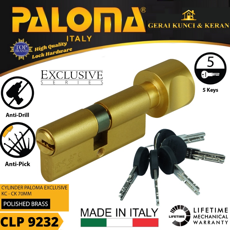 PALOMA CLP 9232 KNOB CYLINDER ITALY 70 MM EXCLUSIVE KUNCI PINTU GOLD POLISHED BRASS