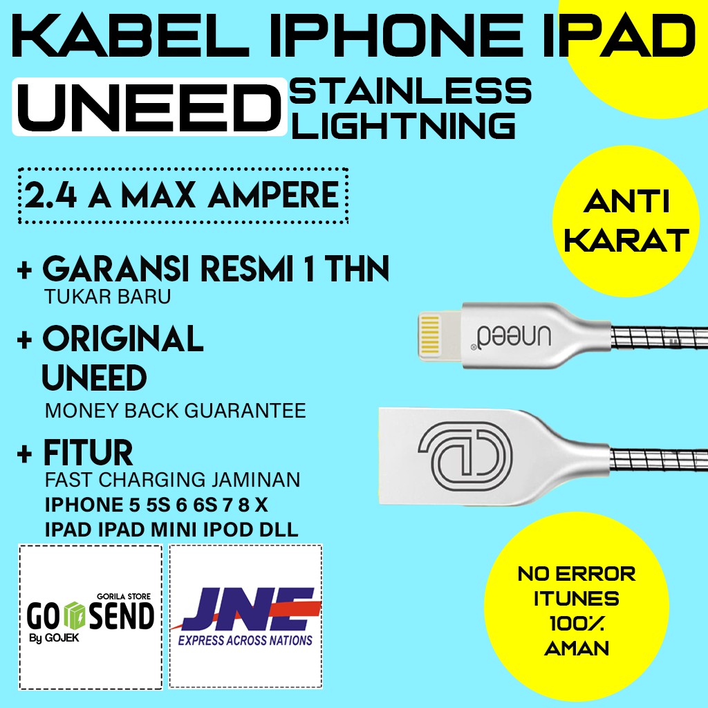 [NEW] KABEL DATA LIGHTNING CABLE UNEED STAINLESS IPHONE IPAD UCB12I GARANSI RESMI ORIGINAL