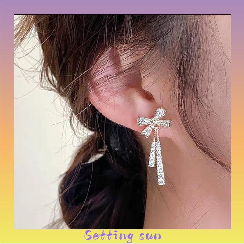 Elegan Berlian Mutiara Fashion Sederhana Temperamen Wanita Anting Rumbai Panjang TN