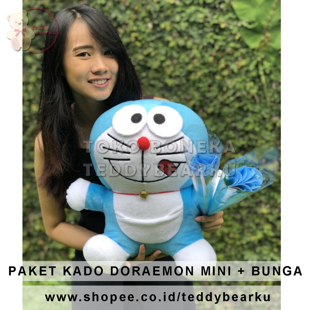 Paket KADO Valentine Boneka Doraemon Dan Bunga