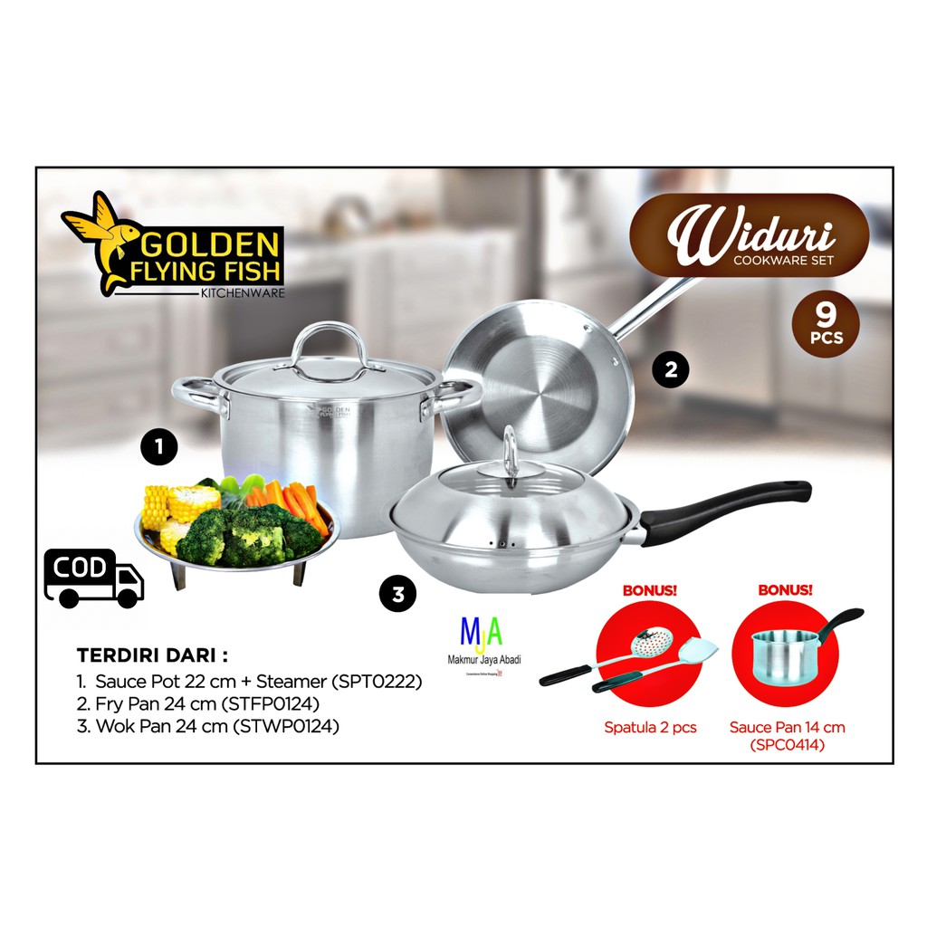 (BISA COD) PROMO Panci Set Golden Flying Fish Cookware Set Widuri 9pcs STAINLESS STEEL Premium