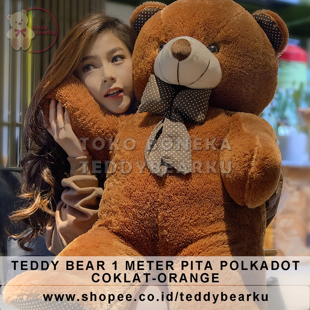 Boneka Teddy Bear Jumbo 1 Meter Pita Polkadot COKLAT ORANGE