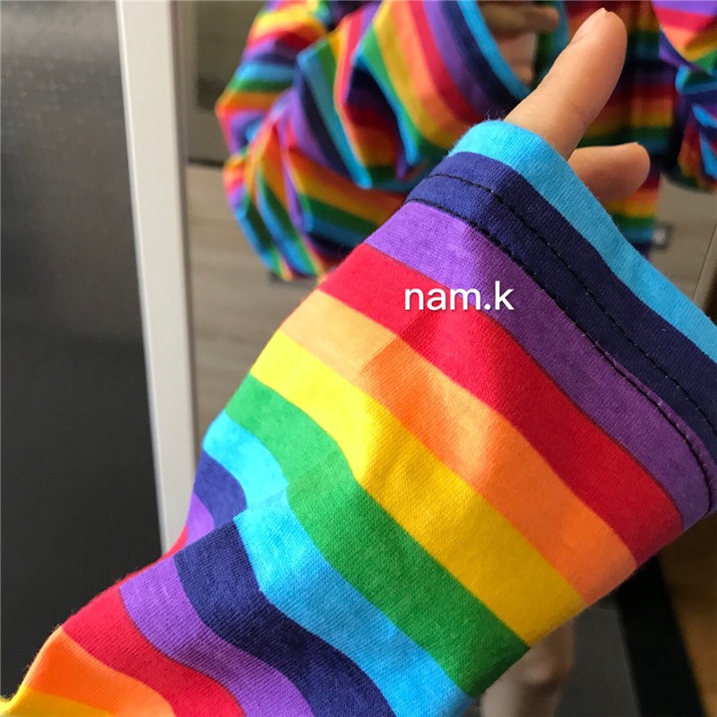ATASAN PESTA PARTY NIKAHAN WISUDA KULIAH QWE/ 【MANSA】Korea Kaos Lengan Panjang Pelangi Bergaris