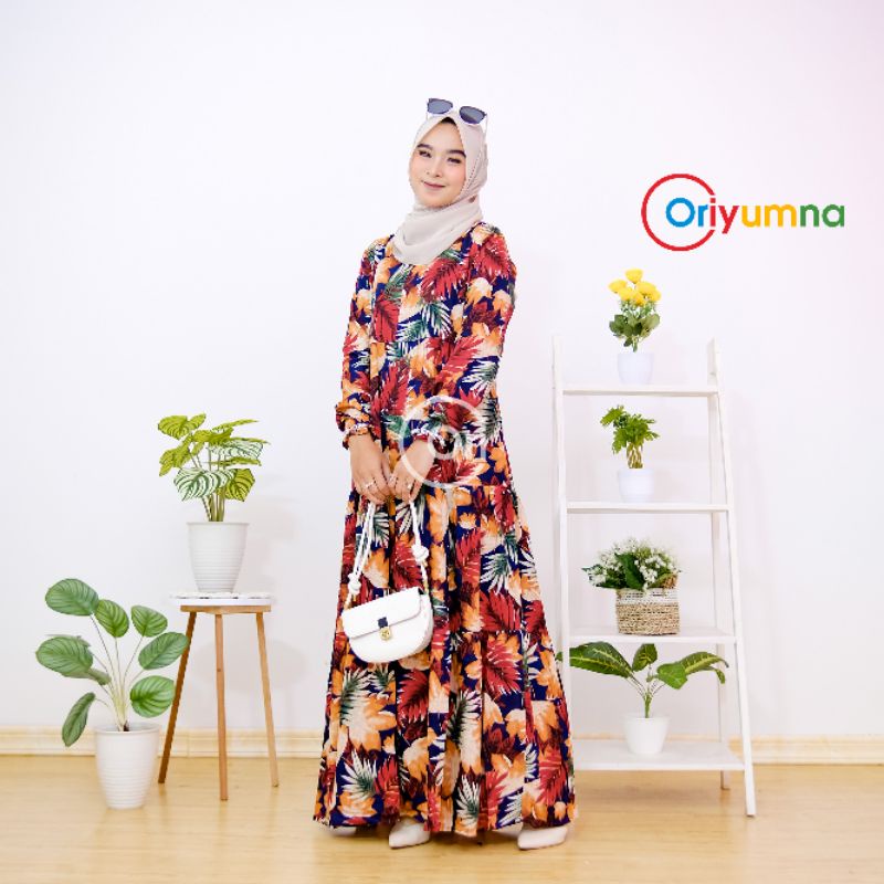 Gamis santai bahan Rayon Motif Terbaru bunga Kecil Busui Friendly Oriyumna gamis pantai baju pantai