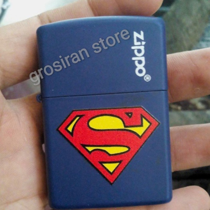 zippo Superman biru matte custom logo nama kado korek biru