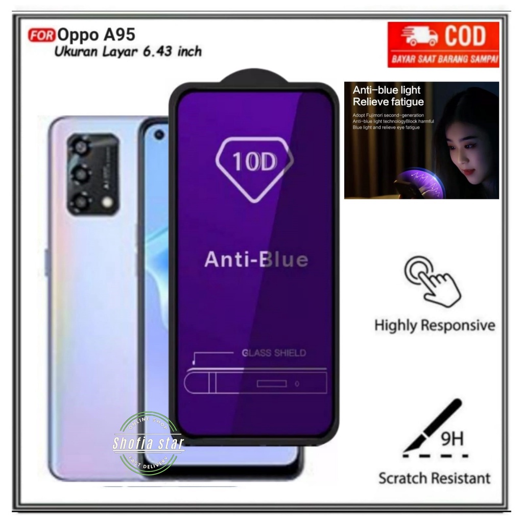 TEMPERED GLASS BLUE LIGHT OPPO A95 A74 A55 A54 4G/5G TG LAYAR ANTI RADIASI FULL COVER