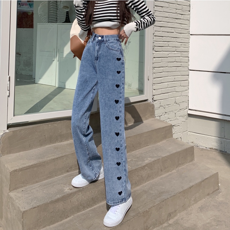 korea style Boyfriend Jeans highwaist loose celana kaki lebar lurus heart embroidery jeans wanita celana jeans