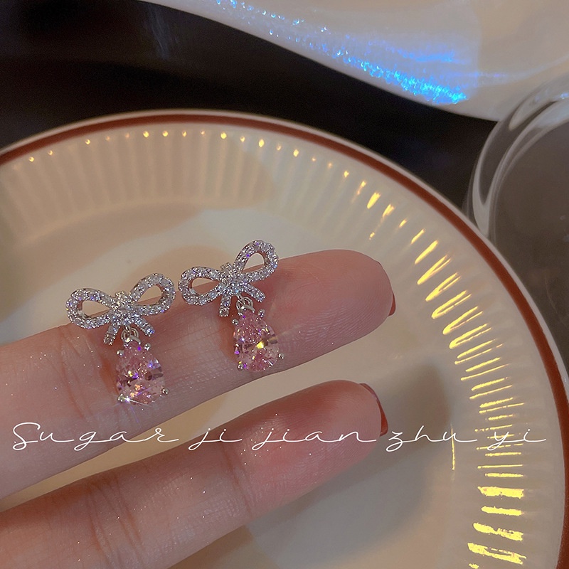 Anting Stud 925 Silver Needle Bentuk Pita Hati Bahan Zirkon Warna Pink Untuk Wanita