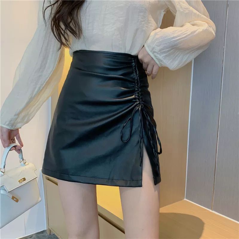 Rok Mini Wanita Kulit Semi Chic Serut Paha Kiri Pinggang Tinggi Elegant Mini Skirt High Waist Rok Wanita Streetwear A-Line Bodycon