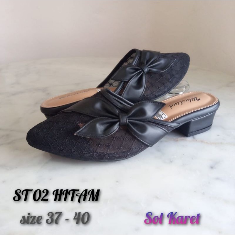 WHISLIND SEPATU SENDAL HAK 3 CM PITA BROKAT JALA ALAS KARET MULES