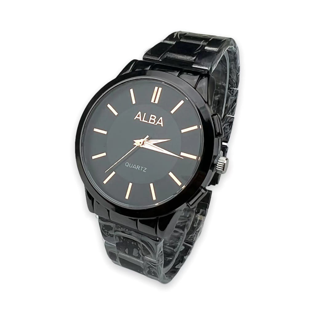 { KW } JAM TANGAN COUPLE PASANGAN PRIA WANITA ALBA FULL HITAM STRAP RANTAI STEEL A-1208