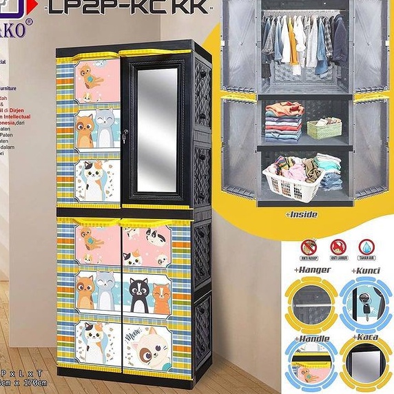 LEMARI PAKAIAN PLASTIK 2 PINTU LP2P AKAKO ELEGANT MOTIF KUCING DENGAN KACA GANTUNG DAN PENGUNCIAN MURAH