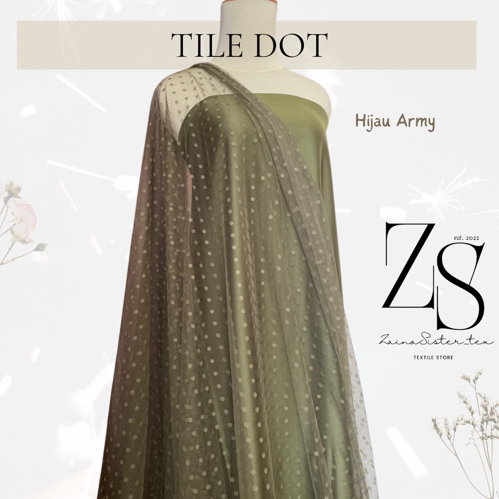 Bahan Kain Tile Tille Tule Tulle Dot Dotty Warna Hijau Army