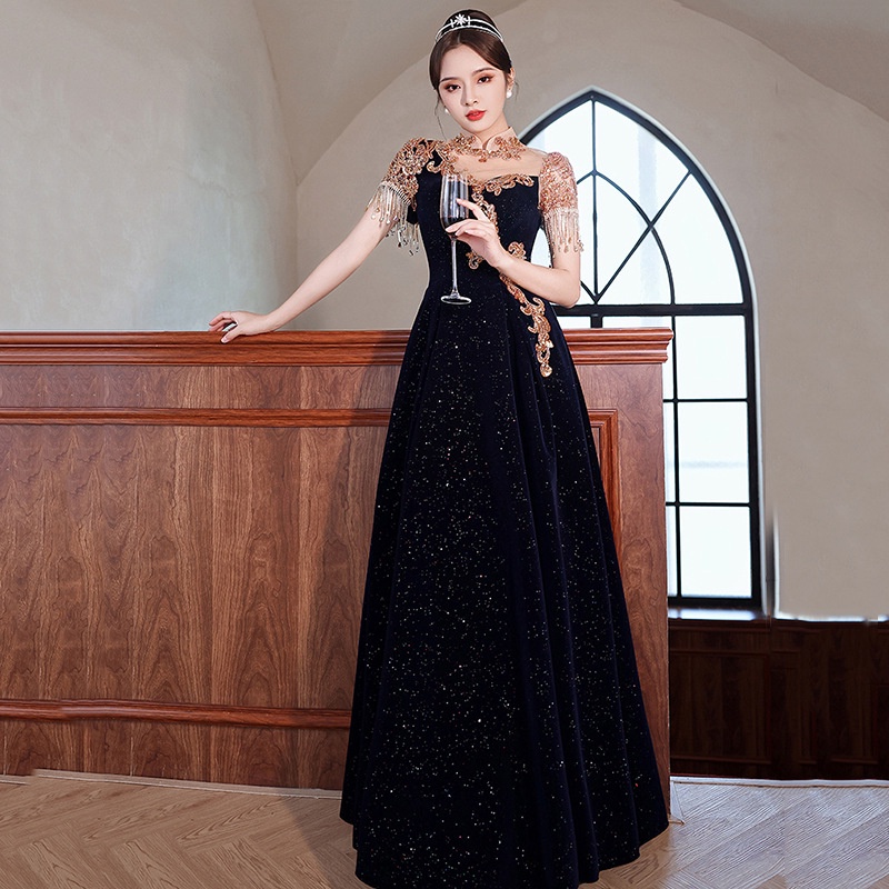 Navy blue host light mewah niche bridesmaid beaded banquet pertemuan tahunan high-end princess tube 
