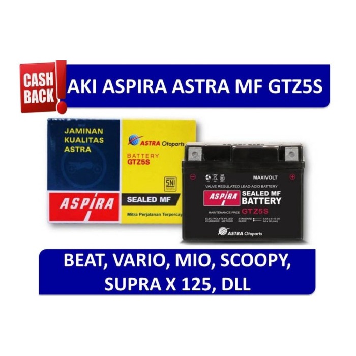 Aki ASPIRA GTZ5S MF(3.5 Ah) AKI MOTOR BEAT, MIO, SCOOPY,VIXION,XRIDE ORIGINAL Original