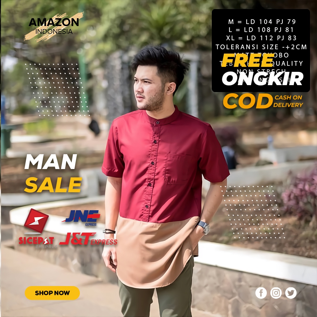 BAJU KOKO LENGAN PENDEK PAKAIAN PRIA MUSLIM ATASAN MUSLIM MAROON CASUAL KAIN KATUN TOYOBO TEBAL ORIGINAL