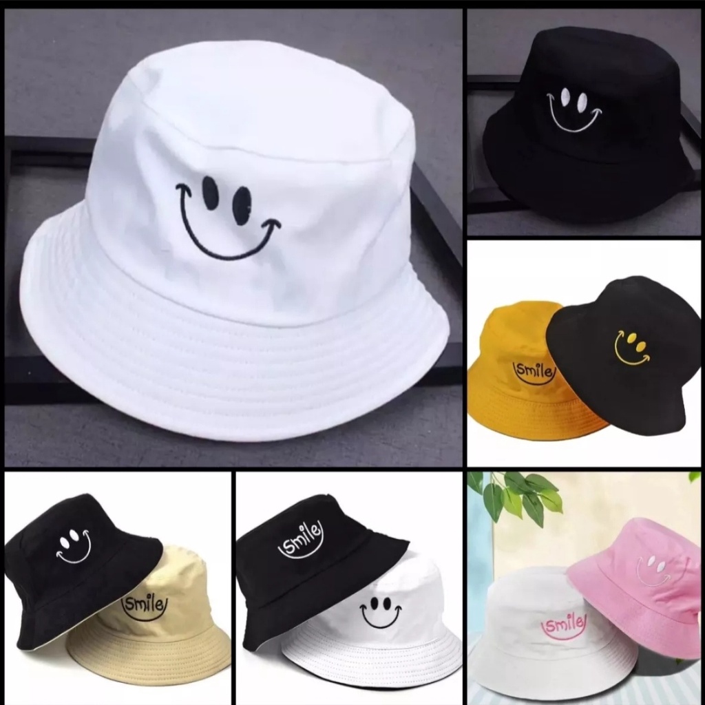 New - Topi Cewek Korea smile topi bucket hat smile wanita kpop bisa bolak balik bordir kekinian Hitam putih pink putih