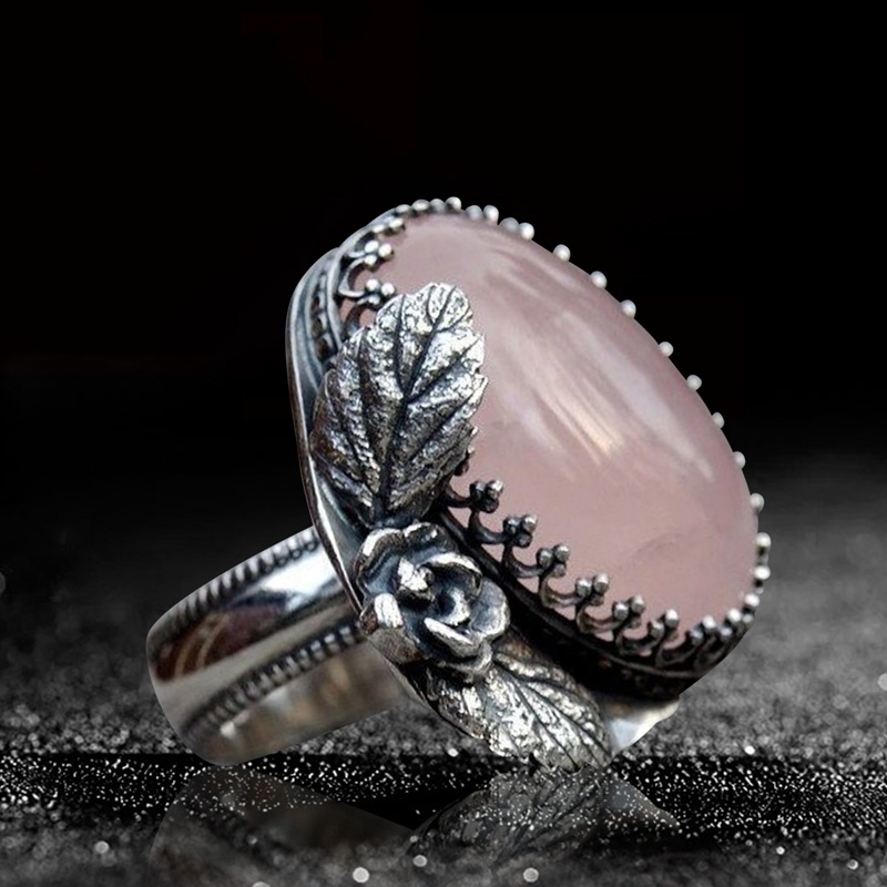 Cincin Sterling Silver 925 Gaya Vintage Dengan Ukiran Bunga + Batu Pink Untuk Wanita