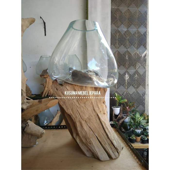 Pot Kaca Hias Kayu Jati Erosi Kode 014 B (Tinggi 70cm)