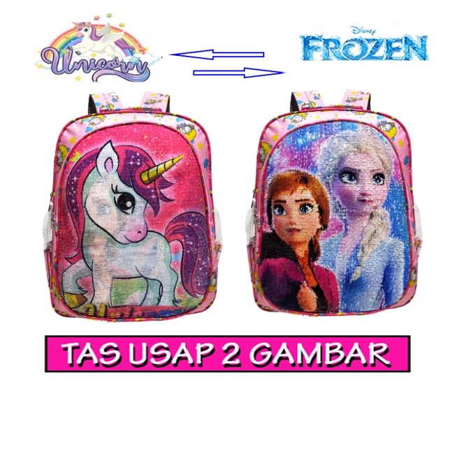 Tas ransel anak sekolah Sequin // usap 2 gambar karakter LOL UNICORN HELLO KITTY PONY FROZEN