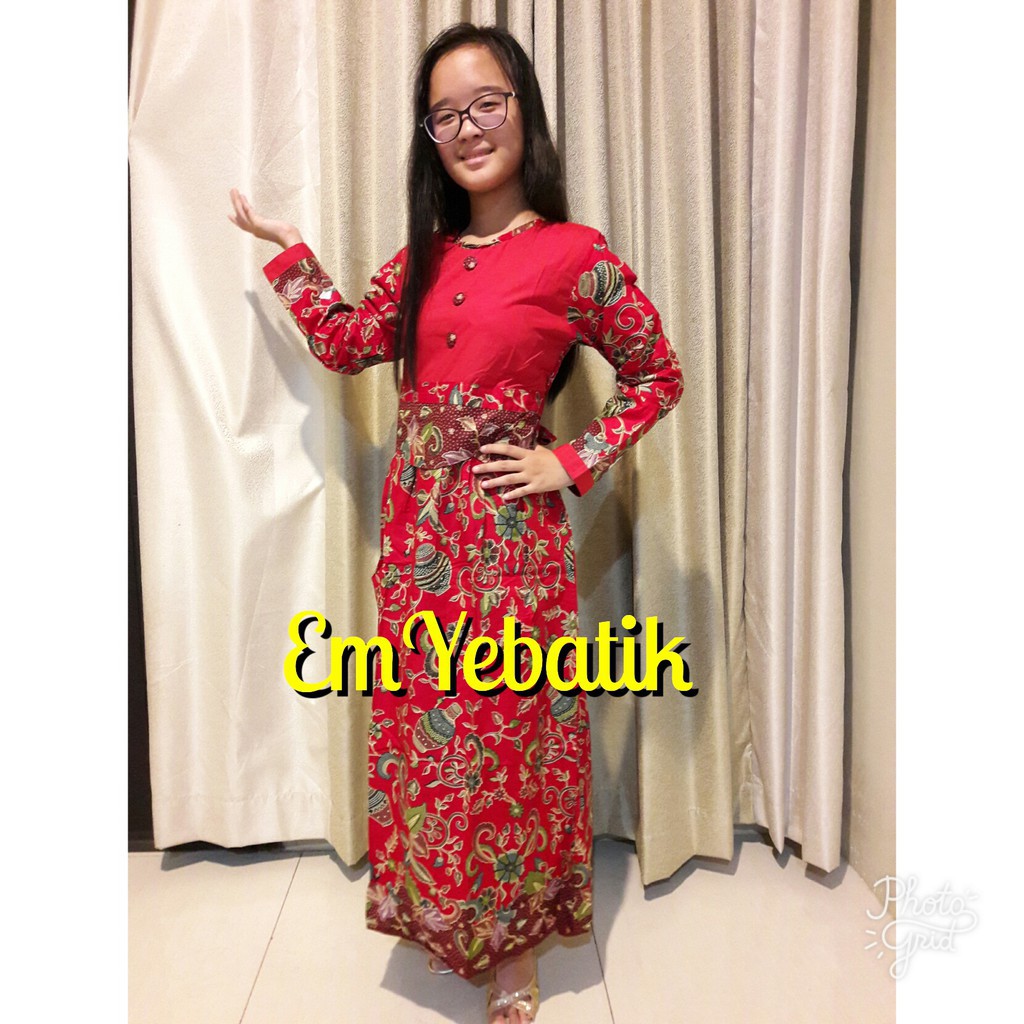 Promo GAMIS/ DRESS MUSLIM BATIK TANGGUNG ANAK PEREMPUAN 9-12TH AZIZAH GENTONG MERAH