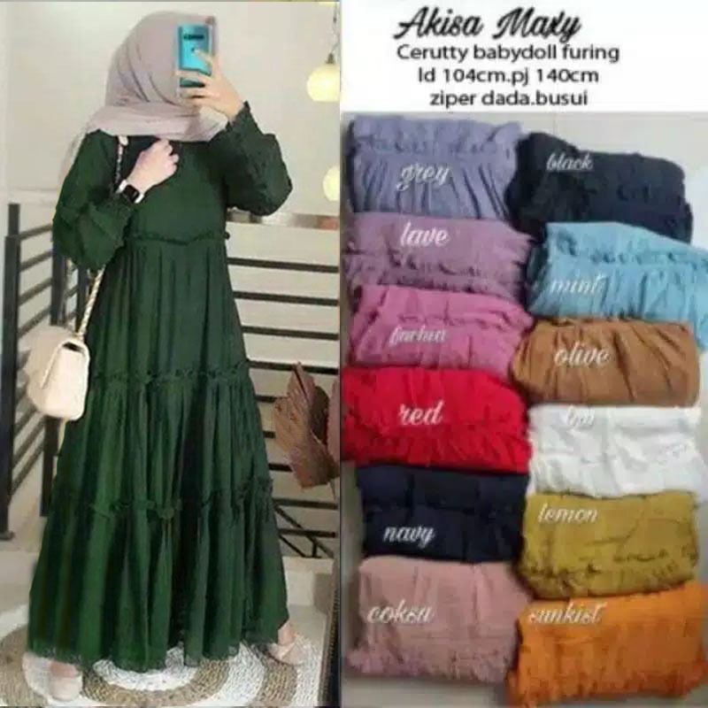 Baju Gamis Akisa Maxy Dress Bahan Ceruty Baby Doll Full + Lapis Dalam Puring Hyget Super