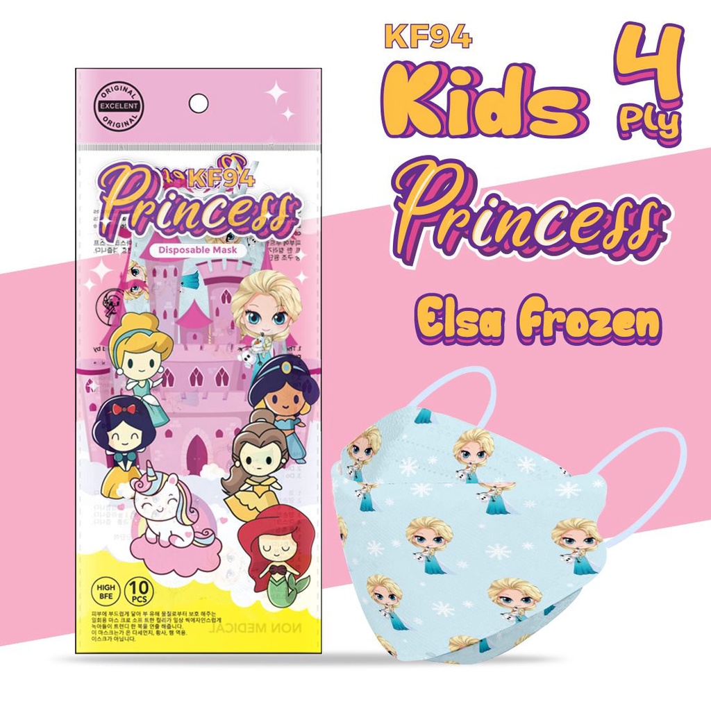 Masker KF94 Anak Princess Elsa Frozen Snow White Cinderella Mermaid Jasmine Unicorn Kids isi 10Pcs