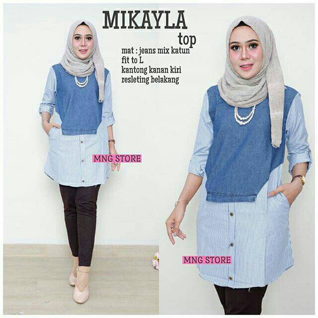 MIKAYLA BLOUSE TUNIK DENIM MIX KATUN LIGHT BLUE BIRU