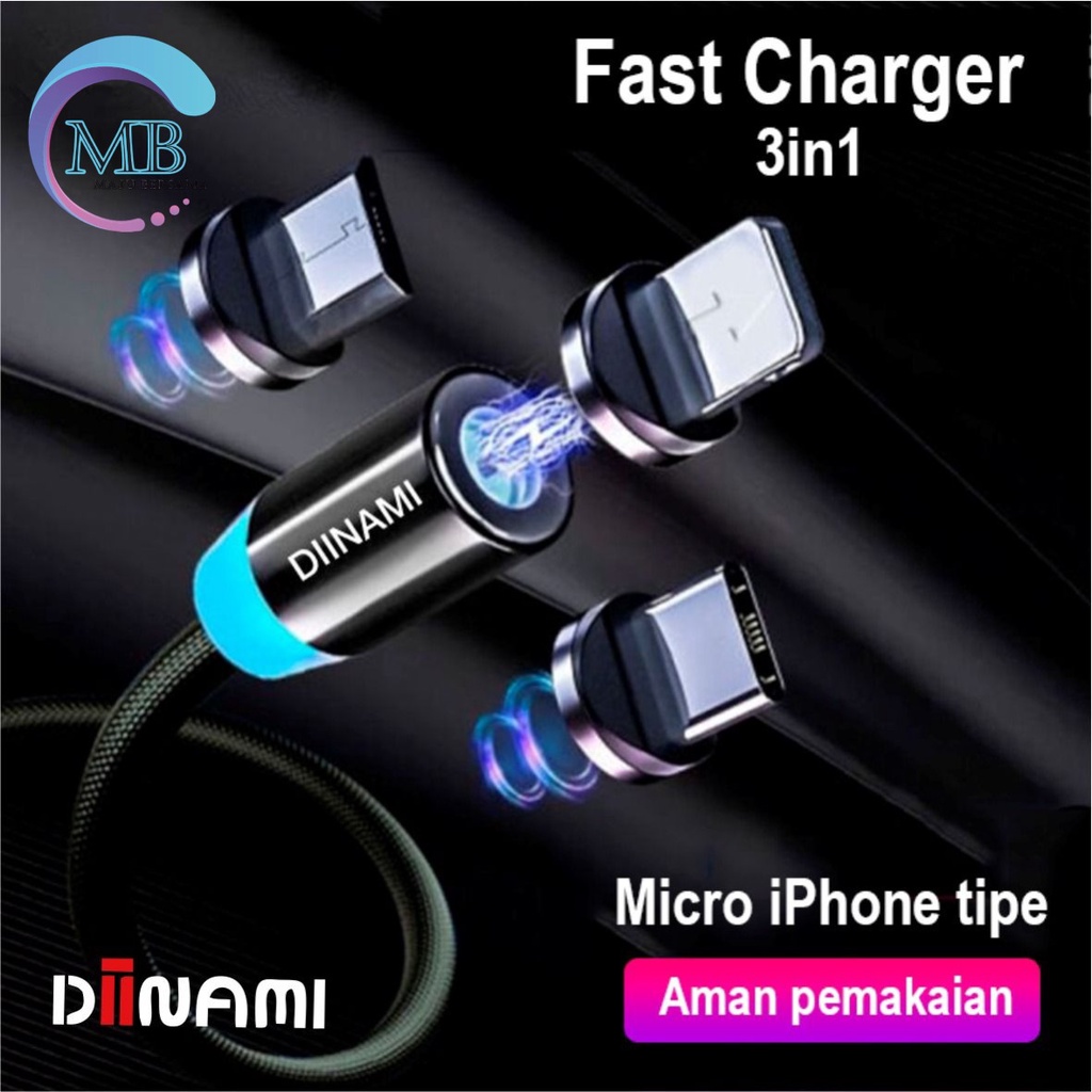 BM017 Kabel cable DIINAMI charger Cashan casan magnet magnetic 3in1 Micro iPhone tipe c fast charging 2.4A MB2246