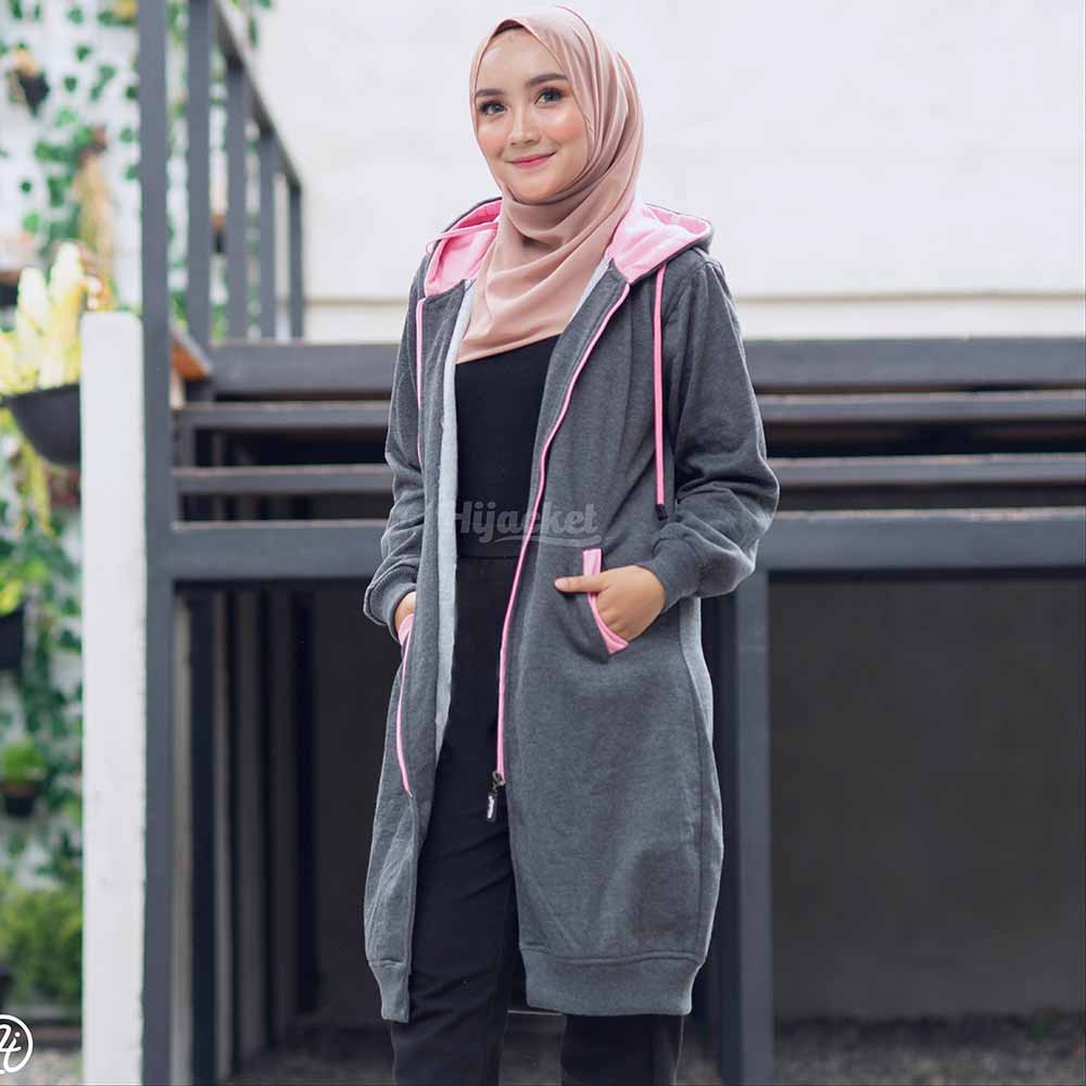 Jaket Jacket Polos Panjang Wanita Cewek Muslimah Hijabers Hoodie Kekinian Abu Tua Hijacket BC Misty-Abu Tua + Pink
