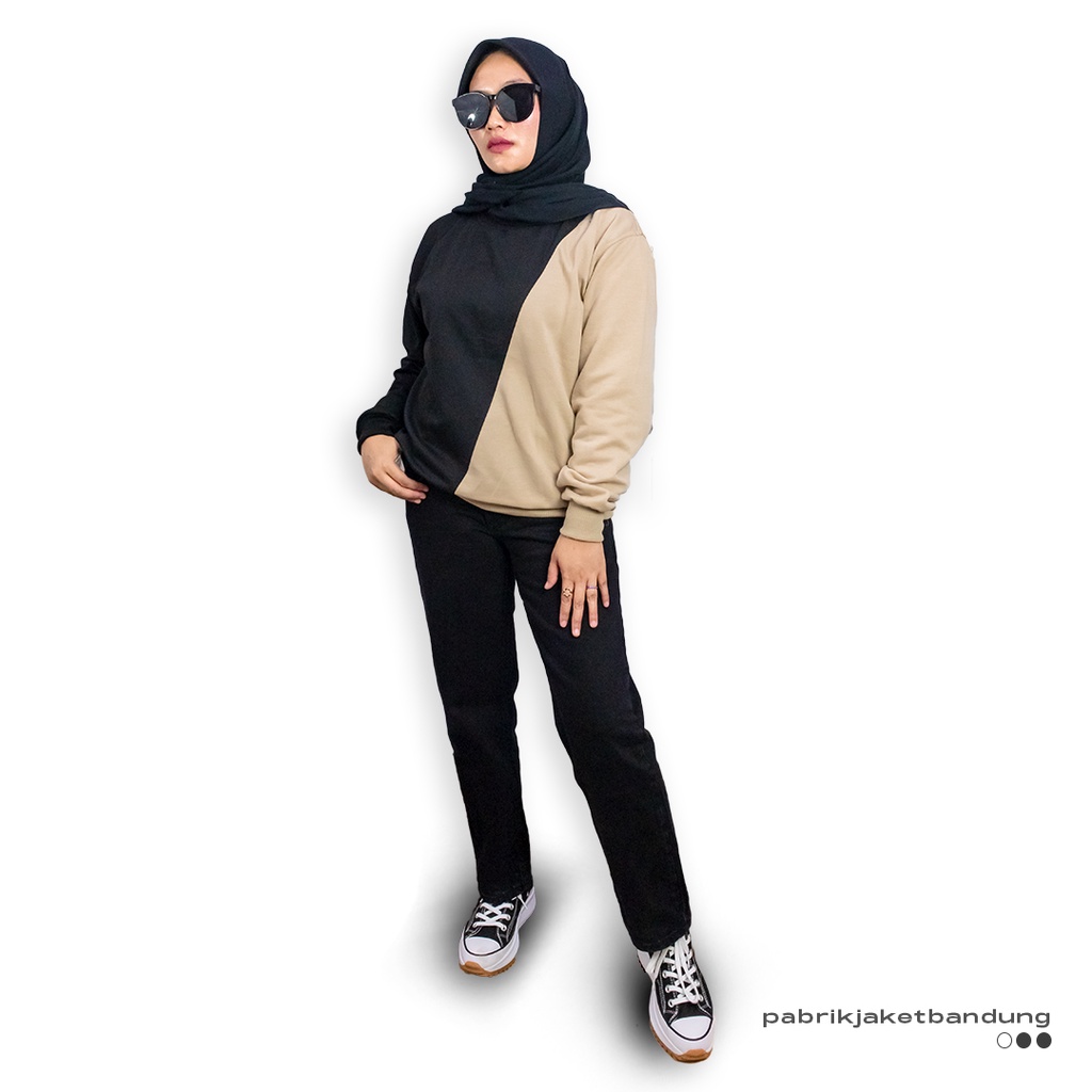 Slash Sweatshirt Kombinasi BLACK-CREEM || SWEATER  CRAWNECK BASIC WANITA FASHIONABLE