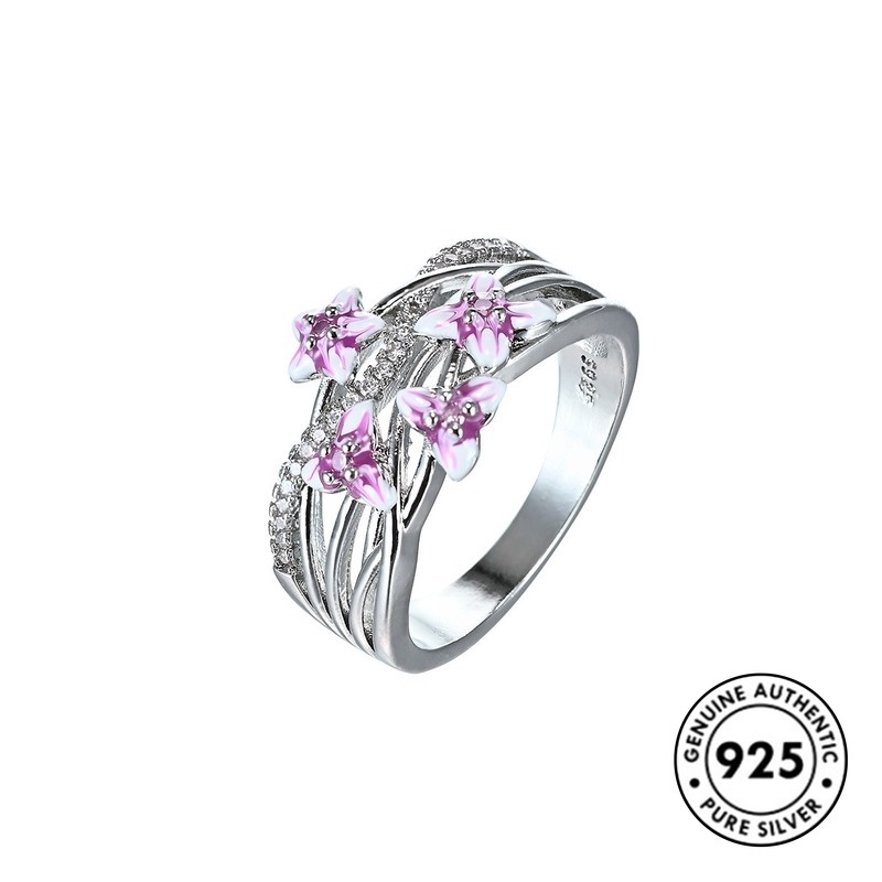 Cincin Desain Bunga Aksen Berlian Bahan S925 Silver