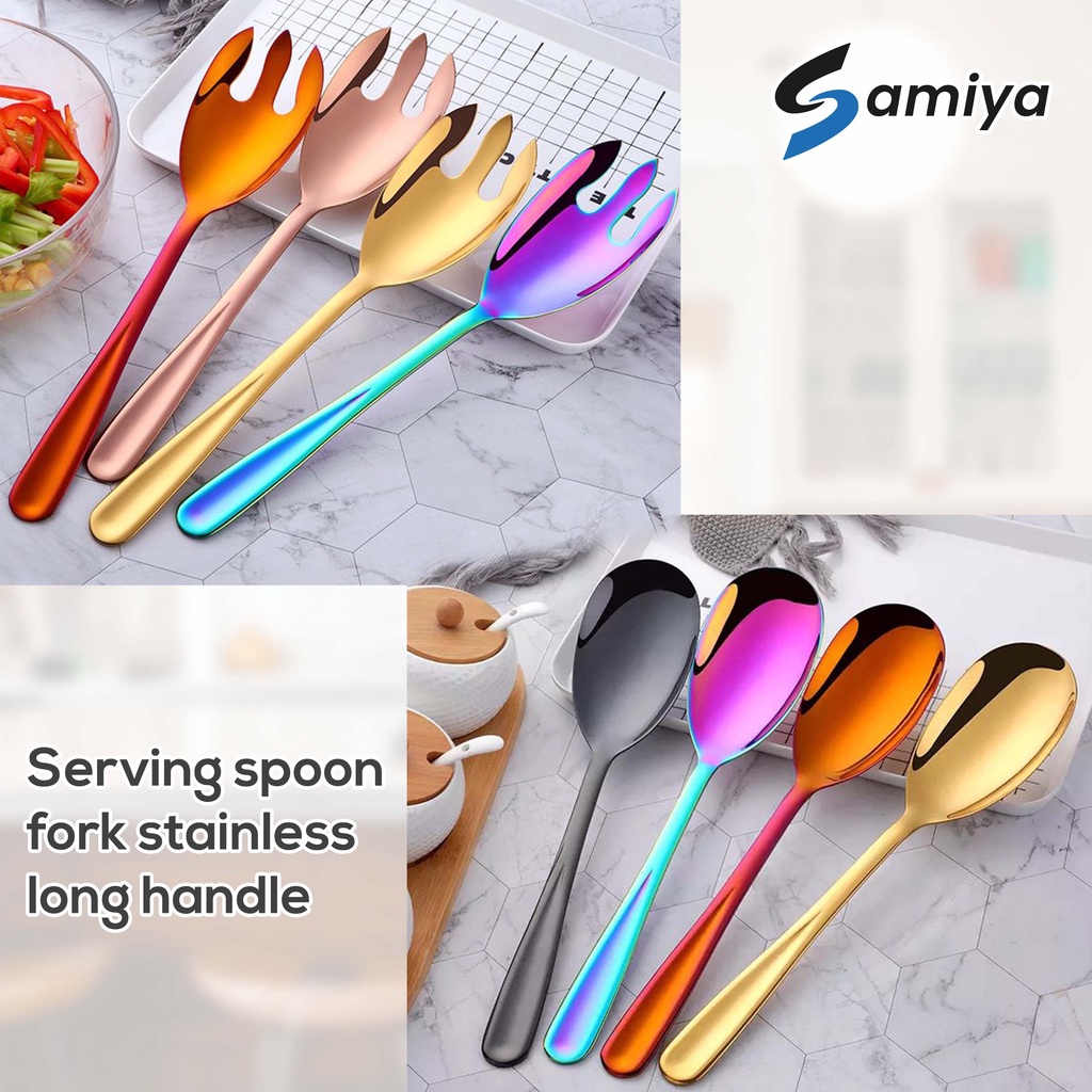 serving spoon fork set stainless / sendok garpu saji lauk pauk makanan long handle jumbo big spoon