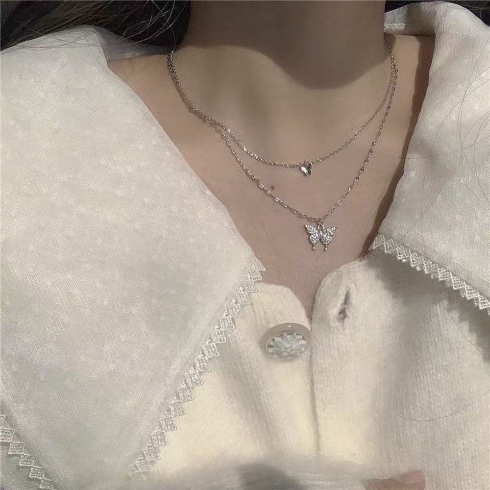 Kalung Kupu-Kupu Ganda | Flash Diamond Fashion Choker Wanita Baru Dalam Rantai Klavikula Korea