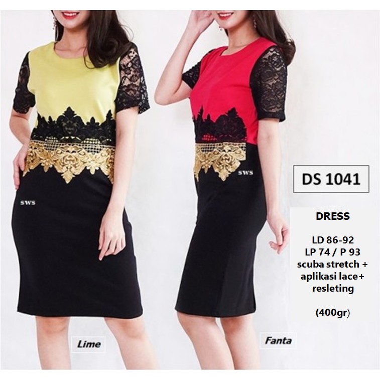 DS1041 - DRESS PESTA DRESS LACE MIDI DRESS SCUBA BRUKAT IMPORT NATAL