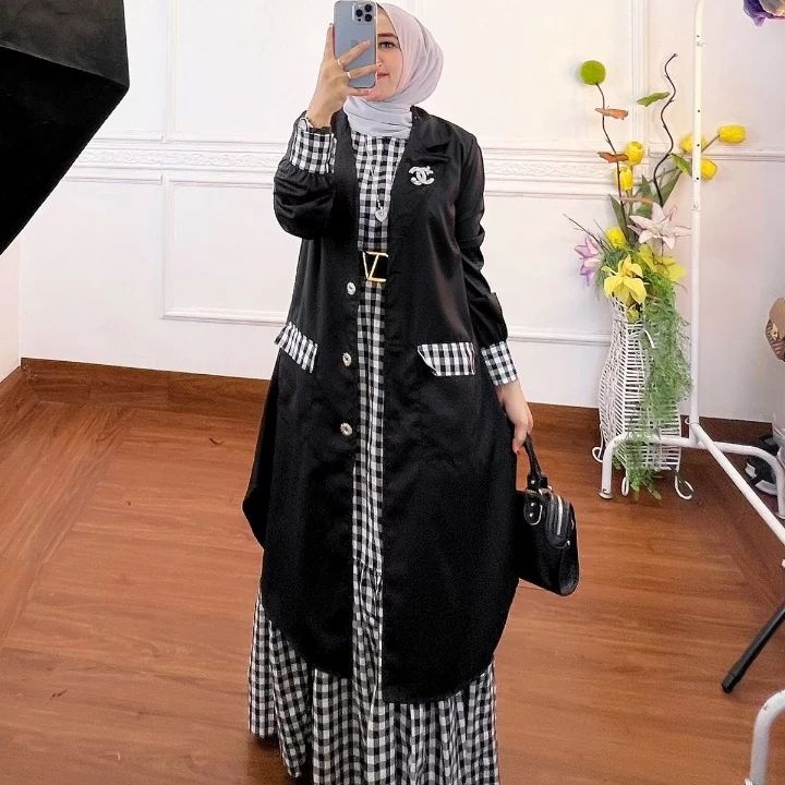 COD | Chiki Set Baju Setelan Muslim Gamis + Blazer Wanita Fit XL Matt Katun Kotak Kotak Premium