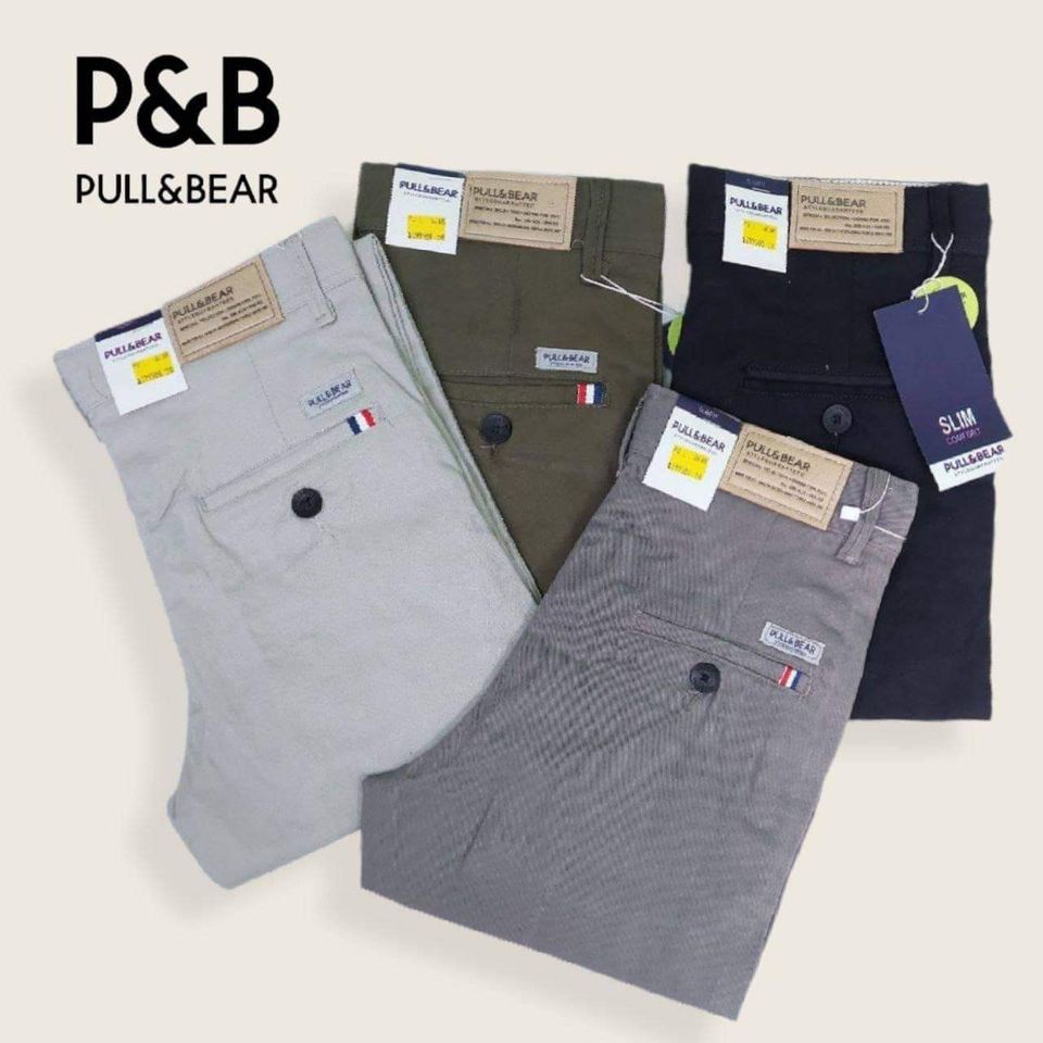 PULL AND BEAR TERBARU Celana Chino Panjang pria Slimfit Kerja Harian Santai Casual Formal Hitam Abu Cream