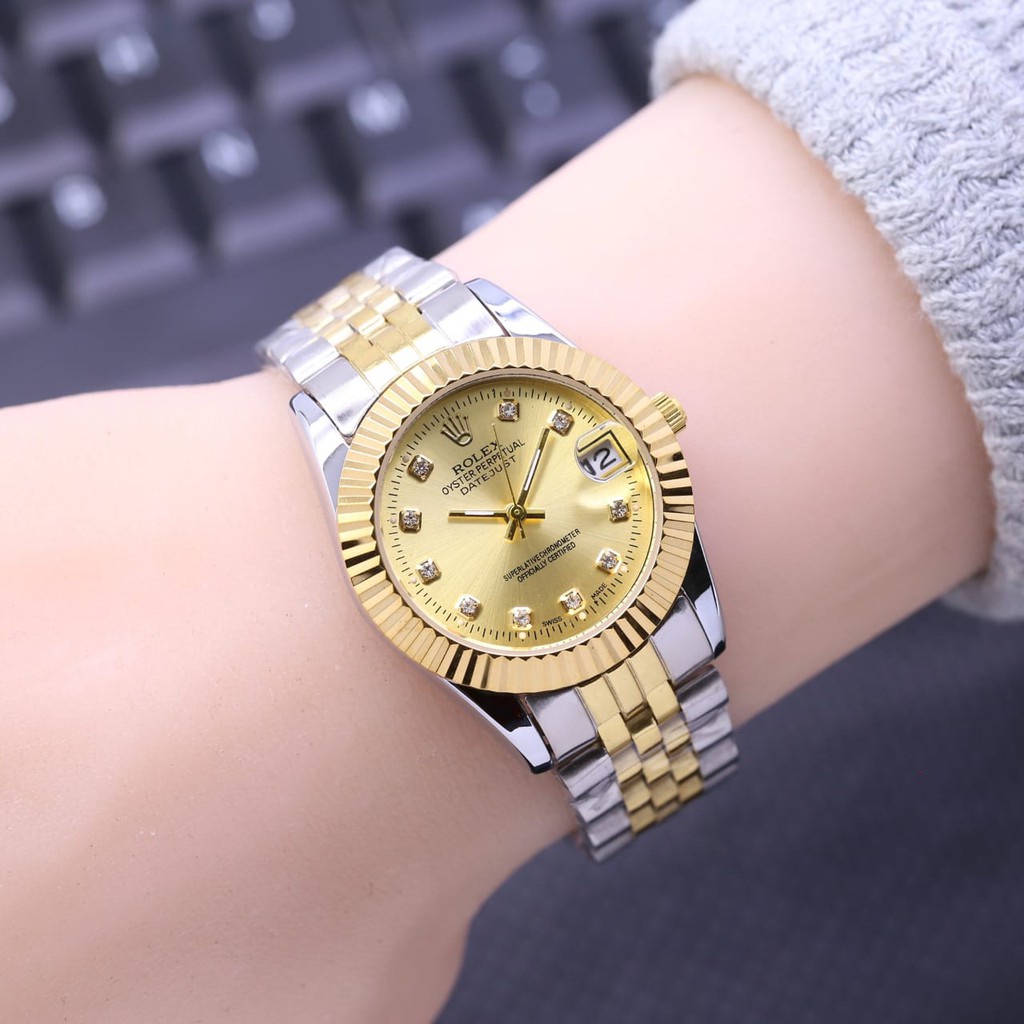 JAM TANGAN WANITA ROLEX LADIES RANTAI STAINLESS TANGGAL AKTIF DIAMETER 3 CM || JAM TANGAN FASHION