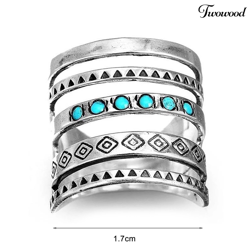 Twowood Multilayer Wide Turquoise Decor Women Ring Symbols Pattern Hollow Bohomia Joint Ring Jewelry Accessaries