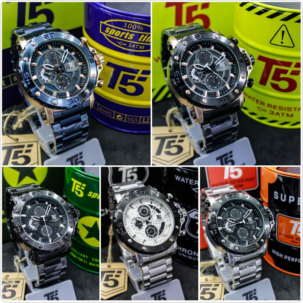 PENGIRIMAN INSTANT -- Jam Tangan PRIA rantai stainless stell T5 H 3702 water resist crono aktif orig
