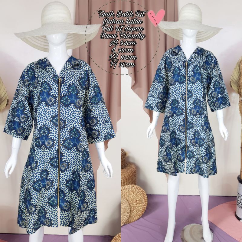 Tunik Batik Bunga Premium Rit Depan Size M,L,XL