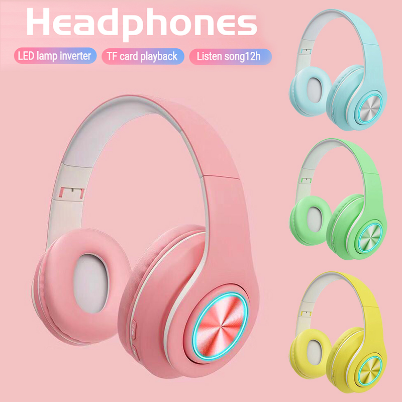 Macaron Headset Bluetooth Wireless HiFi Stereo Dengan Lampu LED Warna Ver 5.0 Mic Dan Slot Kartu Tf