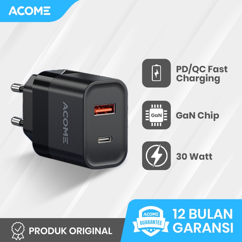 ACOME Charger GaN 30W Fast Charging PD/QC 3.0 Dual Port Support Laptop/iPad Garansi Resmi 1 Thn - ACG30 PRO