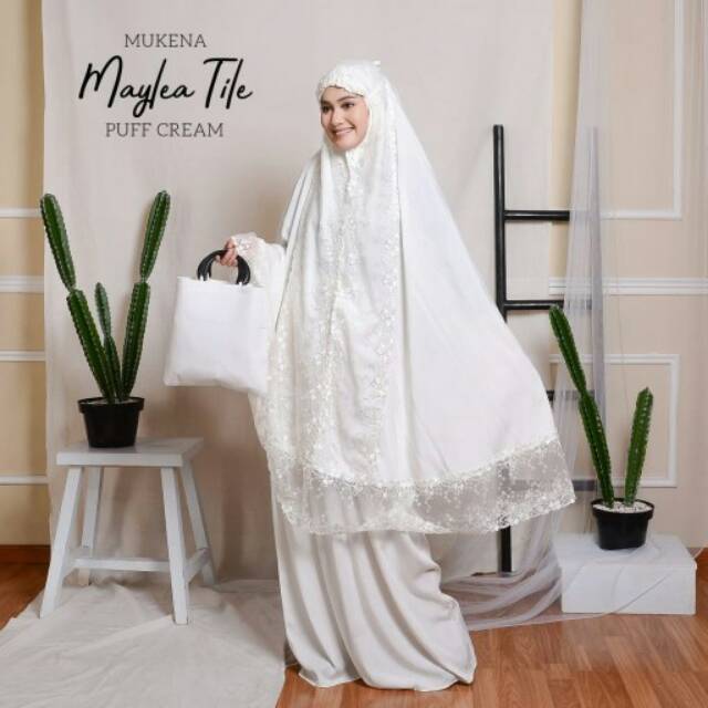 Mukena putih polos renda tile Maylea rayon premium import