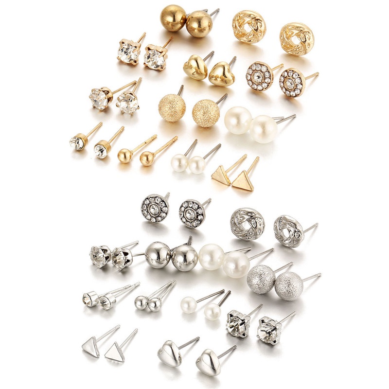 12 Pasang / Set Anting Stud Kristal Bentuk Hati Bunga Aksen Mutiara Untuk Wanita