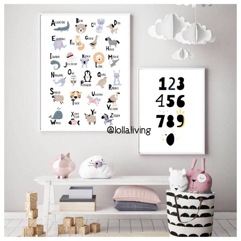 Poster Belajar Alphabet / Huruf / Angka / Huruf Hijaiyah / Binatang Scandinavian Aesthetic